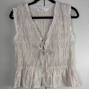 ASTR The Label White Beige Stripe Smocked Peplum Lace Trim Tie Front Top Size L
